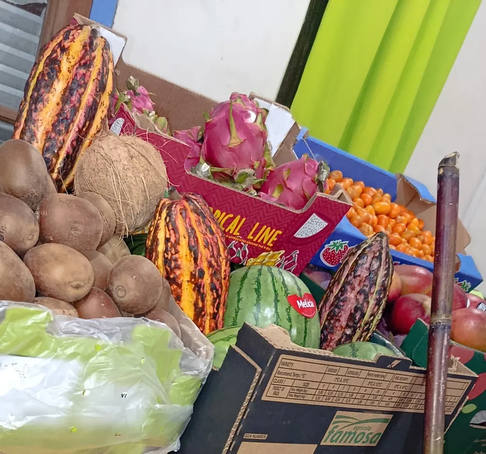 Pitahayas, cacao en mazorca, coco y sandías en la verdulería Frutos del Bosque de Los Reartes